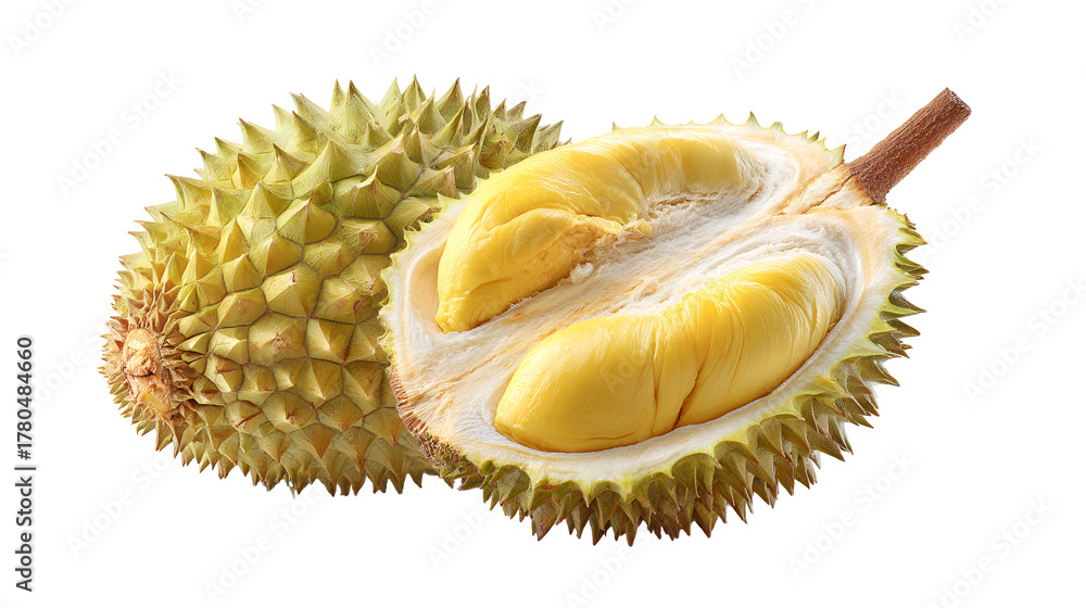 Fototapeta premium Fresh ripe durian fruit cut open showing yellow pulp isolated on transparent background
