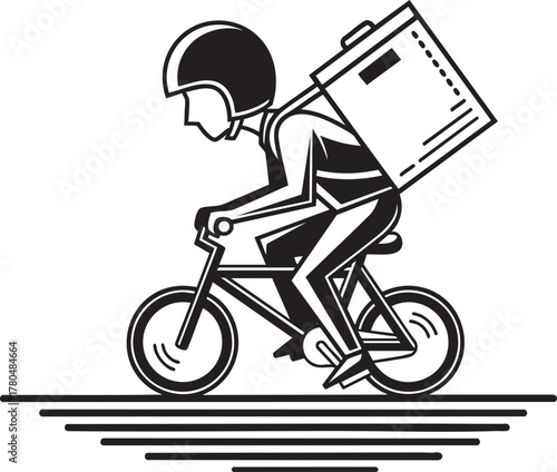 A stylized black and white illustration of a delivery courier with a large box backpack riding a bicycle.