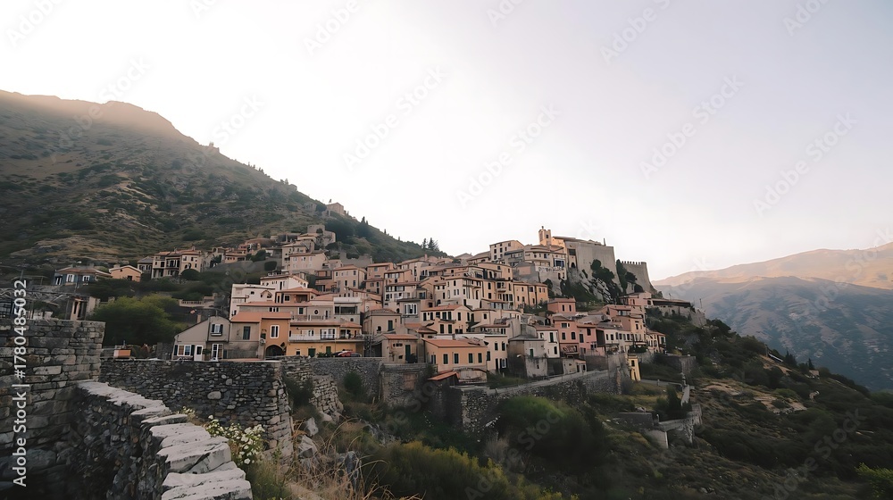 Fototapeta premium small stone village on hillside with pale morning sky