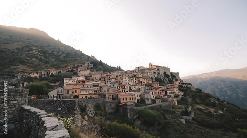 Fototapeta Naklejka Na Ścianę i Meble -  small stone village on hillside with pale morning sky