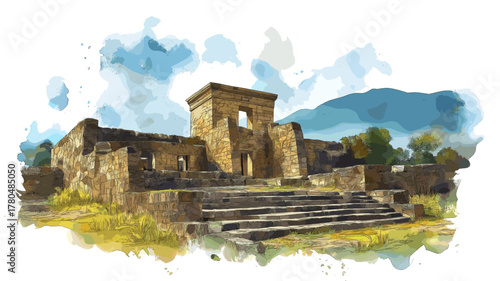 Ingapirca Ruins. Ingapirca Ruins hand drawn watercolor illustration