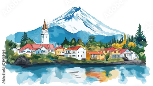 Puerto Varas. Puerto Varas hand drawn watercolor illustration