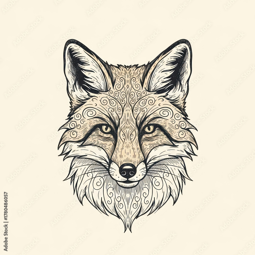 Fototapeta premium Intricate Fox Head Illustration with Detailed Swirl Patterns.
