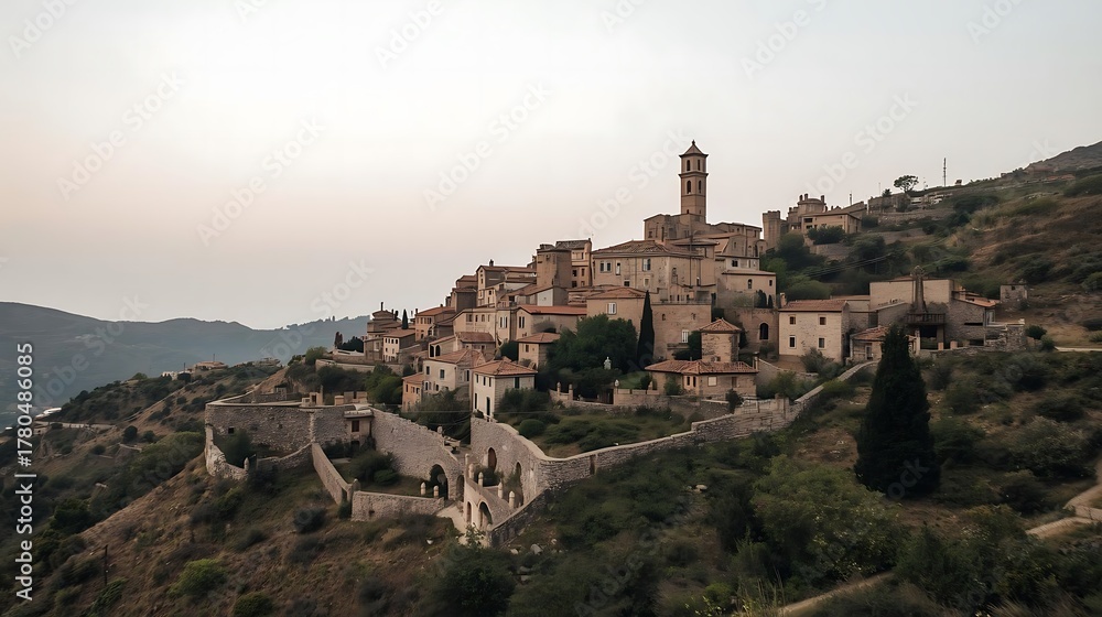 Fototapeta premium small stone village on hillside with pale morning sky