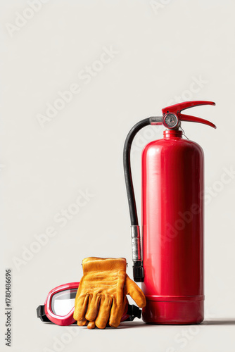 Red fire extinguisher and safety equipment preventing fires