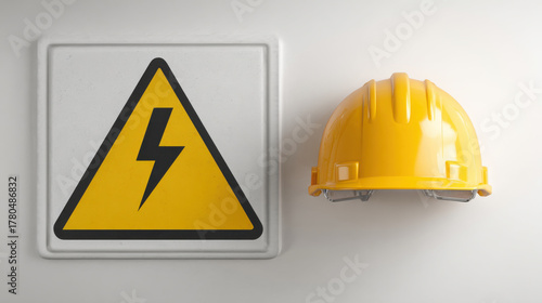 Electrical danger warning sign and safety work hard hat