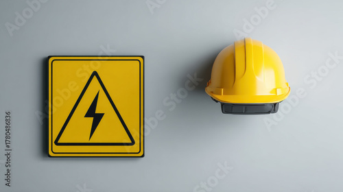 Electrical warning sign and yellow hard hat representing safety