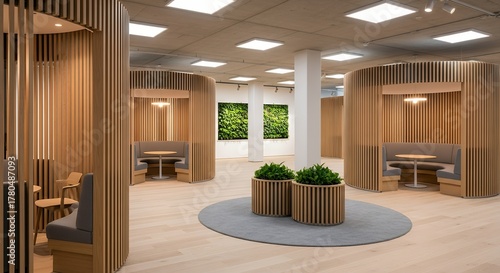 Modern office lounge area features curved wooden partitions upholstered seating tables planters with green foliage and vertical living walls interior design contemporary architecture