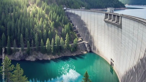 Massive Hydroelectric Dam with Turquoise Water and Forested Mountain Landscape seemless looping animation 4k quality video 