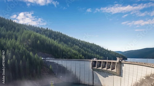 Large Hydroelectric Dam in Mountain Valley with Forest and Blue Sky seemless looping animation 4k quality video 