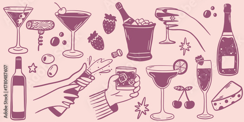 Set of fancy hand draw wine and champagne elements. Includes glasses, bottles, cocktails, corkscrew, strawberries,and cheese. Outline whimsical symbols for party, celebration, bar and festive design.