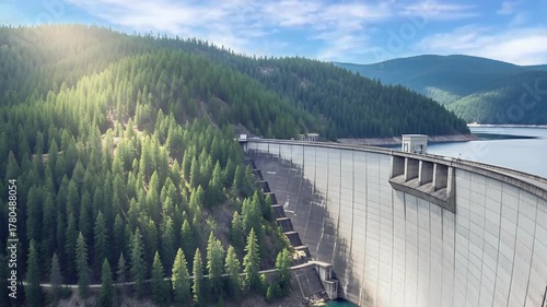 Massive concrete dam beside lush evergreen forest and calm mountain reservoir seemless looping animation 4k quality video 
