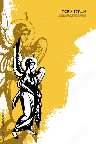 An Angel. Religious vintage poster template. Christian illustration in Byzantine style