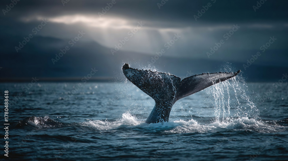 Naklejka premium whale s tail breaching above water showing water splashes.