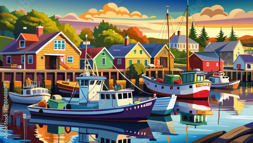 Very beautiful scene of fishing boats docked in Perkins Cove, Ogunquit, Maine, south of Portland, USA, with calm water reflections, colorful vessels, and warm morning light in a realistic coastal atmo