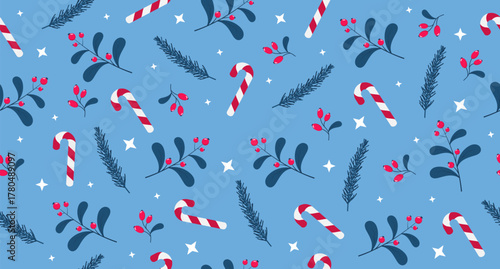 Leaves and berries with candy cane seamless pattern. Perfect for wrapping paper, fabric, and holiday decoration. Winter holidays theme. Vector illustration