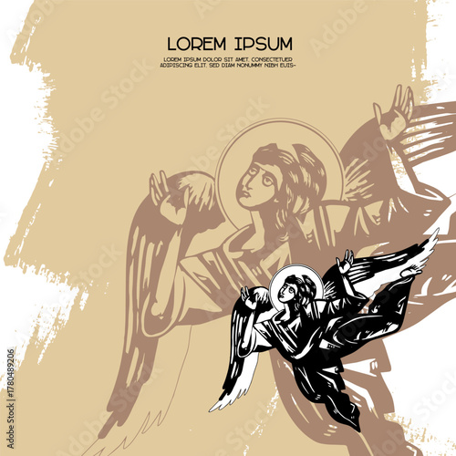 Religious vintage card template with an angel. Christian illustration in Byzantine style