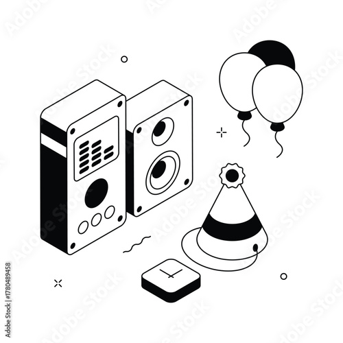 Isometric party music box with balloons and hat for New Year celebration 2026
