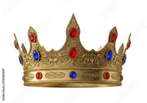 Foto Ornate golden crown with red and blue jewels isolated PNG, royal symbol of power