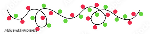 Festive Christmas lights. Colorful string garland in red and green colors. Vector illustration isolated on white background. Christmas design element useful for banners, posters, cards, web