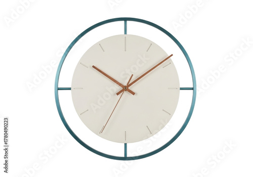 Free Download Modern round wall clock PNG isolated on transparent background, minimalist design with brown hands and teal frame for home decor - GFXLoad