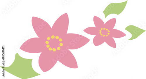 2つのピンク色の満開の花と葉のイラスト	
