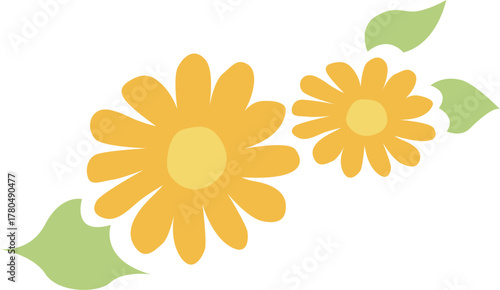 2つの黄色の満開の花と葉のイラスト	
