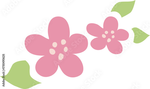2つのピンク色の満開の花と葉のイラスト	