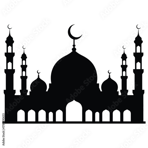 Grand Islamic Mosque Silhouette with Multiple Minarets and Dome