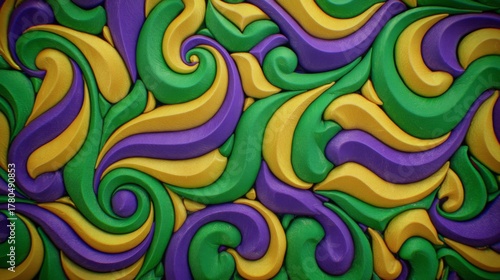 Colorful swirl pattern in green, purple, and yellow tones for Mardi Gras  