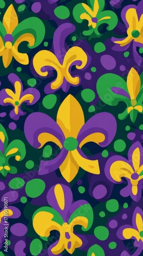 Mardi Gras floral pattern background with green, purple, and yellow motifs, vertical wallpaper