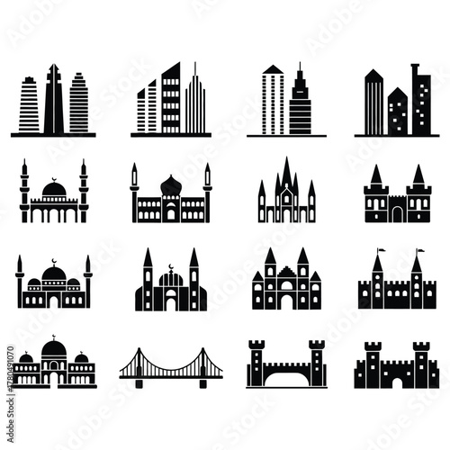 City skyline silhouette, urban landscape illustration, modern architecture, black vector art, skyscraper design, metropolitan view, cityscape graphic, skyline artwork, urban planning