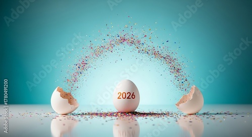 Excitement builds as an egg with 2026 on it hatches, symbolizing the upcoming year and new beginnings
