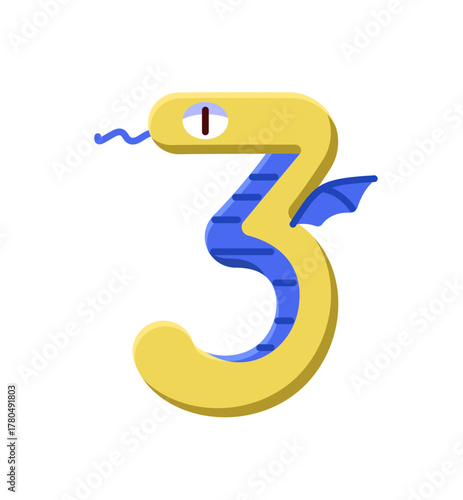 Cute figure 3 with shape of dragon or snake for birthday cake. Festive candle of number three. Funny letter of kids' ABC font for education. Flat isolated vector illustration on white background