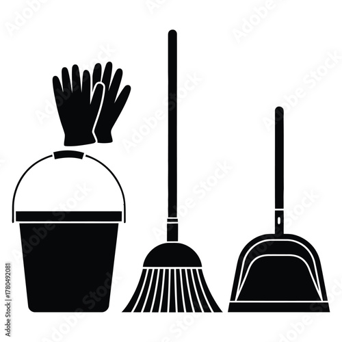 Household Cleaning Tools Kit Silhouette Icon Set, mop gloves and bucket