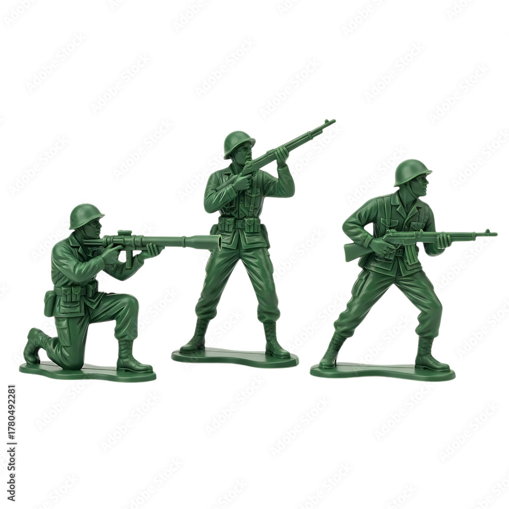 Fototapeta premium Green plastic toy soldiers in combat poses with rifles