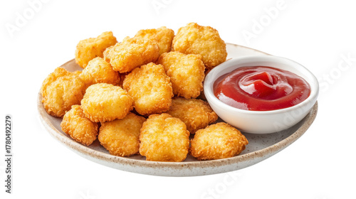 Golden potato tots and ketchup isolated on a transparent background