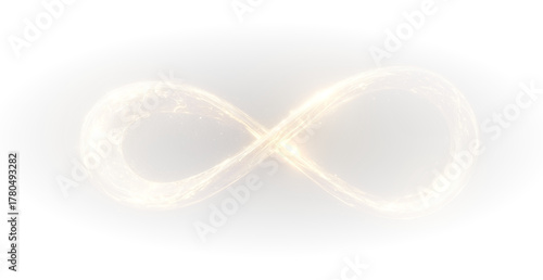 Golden infinity symbol with digital glow representing futuristic science technology and visual imagination.
