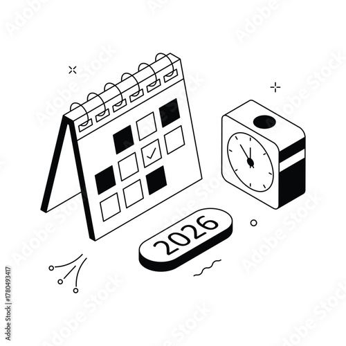 Isometric desk calendar and clock welcoming New Year 2026 celebration