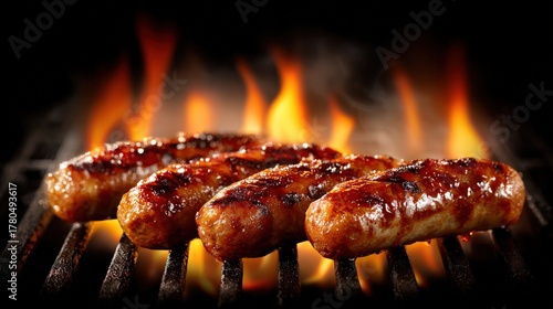 Delicious sausages sizzle and char on a hot grill with flames.