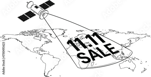 Satellite broadcasting eleven eleven sale over world map in black and white line drawing style