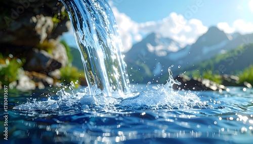 A close-up view of cascading water forming a splash. Mountains and green foliage provide a scenic background under a cloudy sky