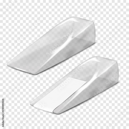 Clear plastic triangle package for cake, pie, cheese, sandwich. Vector mock-up. Transparent triangular packaging with white blank label sticker. Realistic mockup. Food snack pack. Template for design