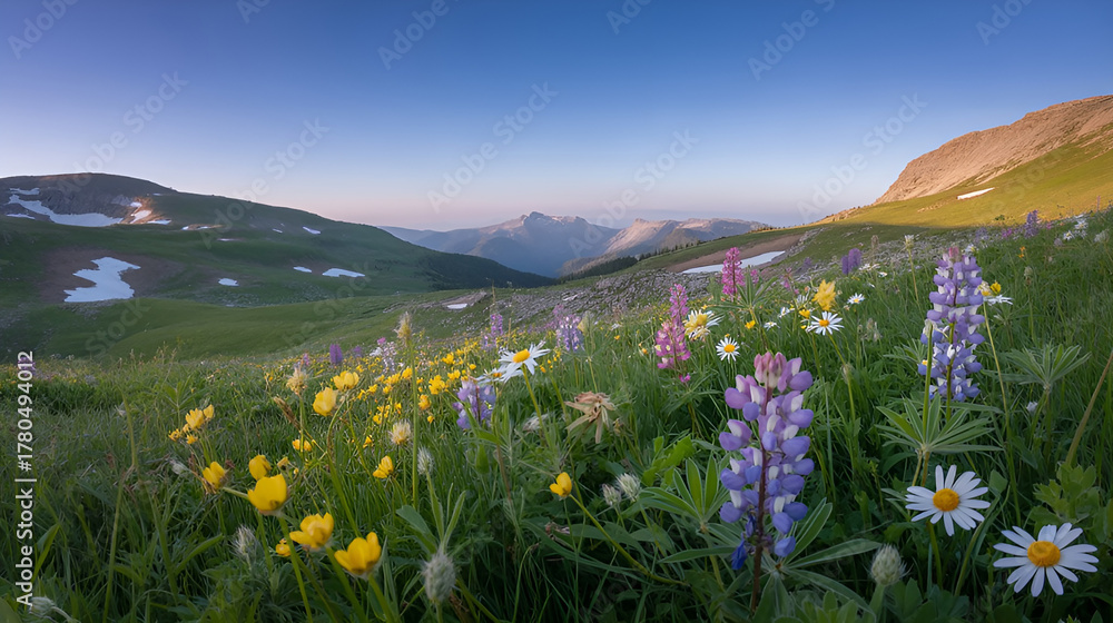 Obraz premium Majestic Alpine Landscape with Blooming Meadow