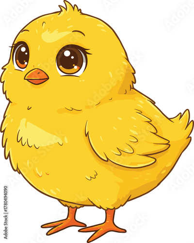 Cute yellow baby chick cartoon illustration, adorable fluffy bird character, small farm animal vector, sweet newborn chicken drawing, wildlife art