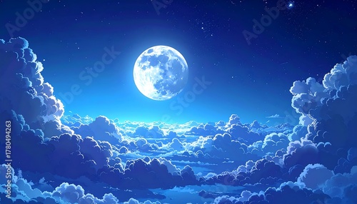 A luminous full moon shines in a deep blue sky above fluffy, stylized clouds. Hints of distant stars add to the ethereal night scene