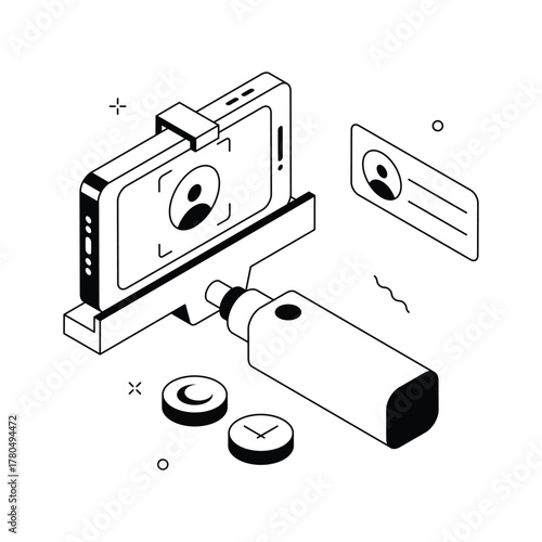 Isometric illustration of a selfie setup with smartphone and accessories