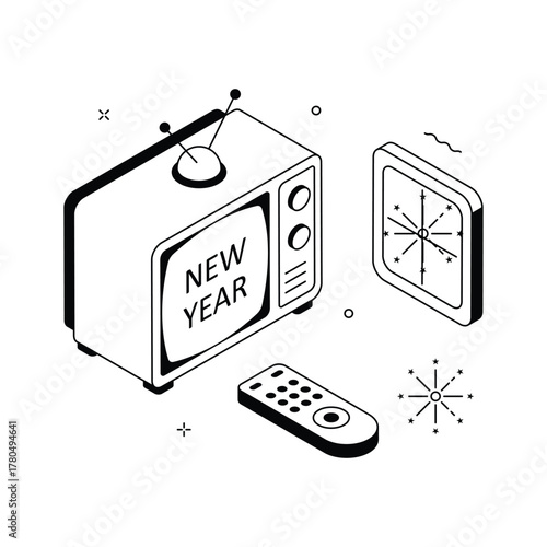 Isometric New Year night illustration, TV, fireworks and winter window