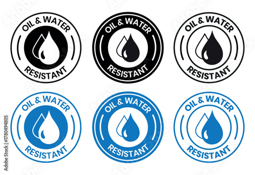 Oil and Water Resistant Logo Badge – Vector Icon for Business Information and Product Labels. Oil and Water Resistant icon, sticker, label, emblem, stamp, symbol, black, line, flat vector.