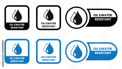 Oil and Water Resistant Logo Badge – Vector Icon for Business Information and Product Labels. Oil and Water Resistant icon, sticker, label, emblem, stamp, symbol, black, line, flat vector.